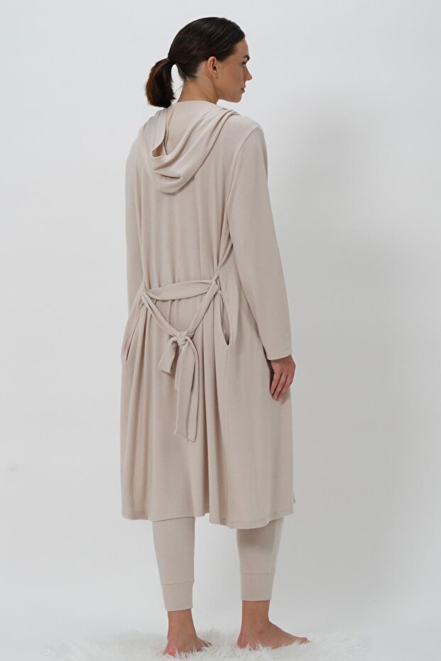 Women's Hooded Ecru Dressing Gown Soft Ctn82