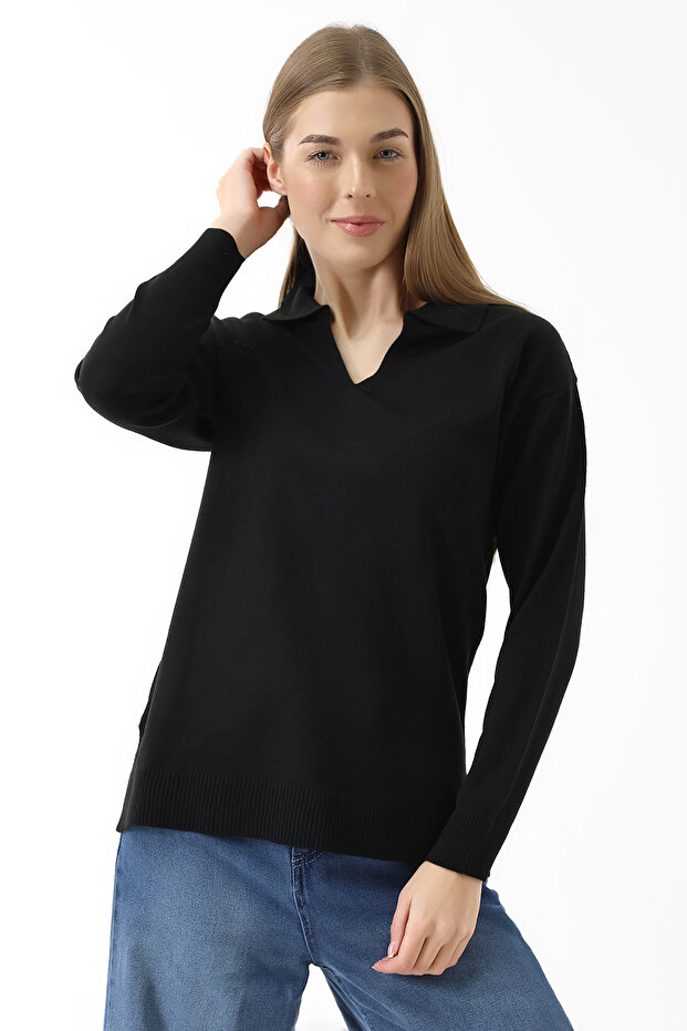 Women's Polo Neck Long Sleeve Seasonal Knitwear Blouse Black