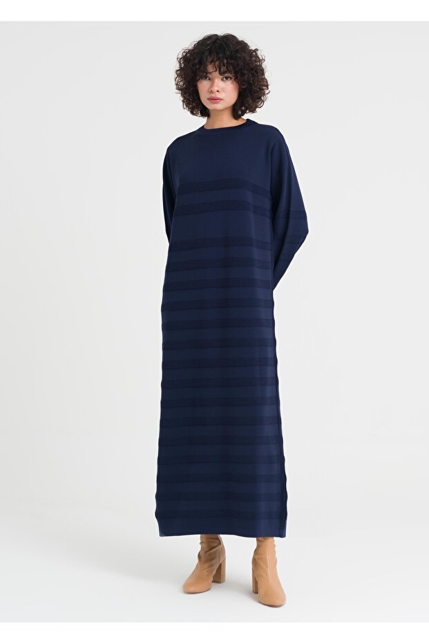 1002 Çizgili Triko Elbise - 5