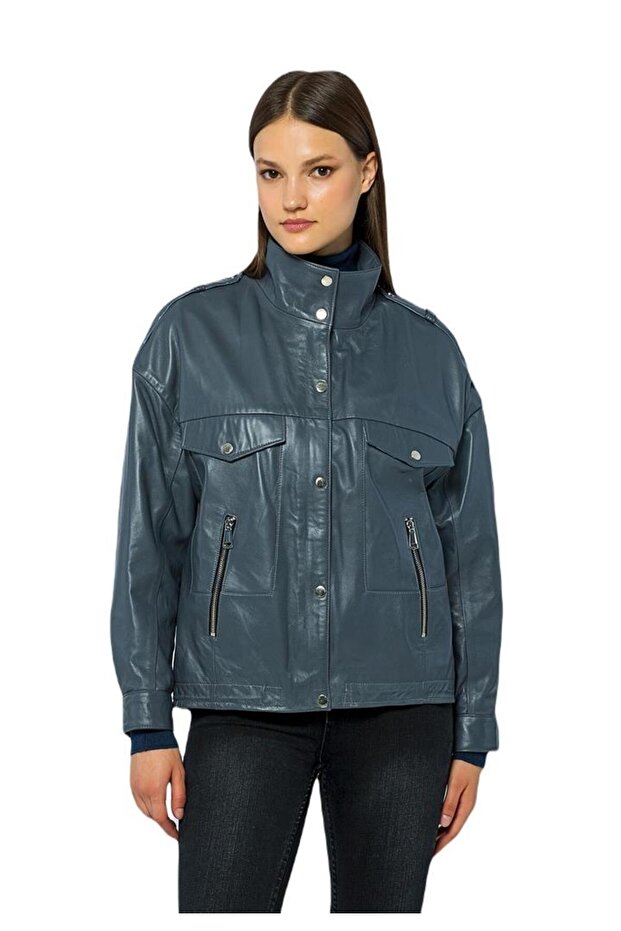 Kadın Hakiki Deri Ceket - Oversize - 1