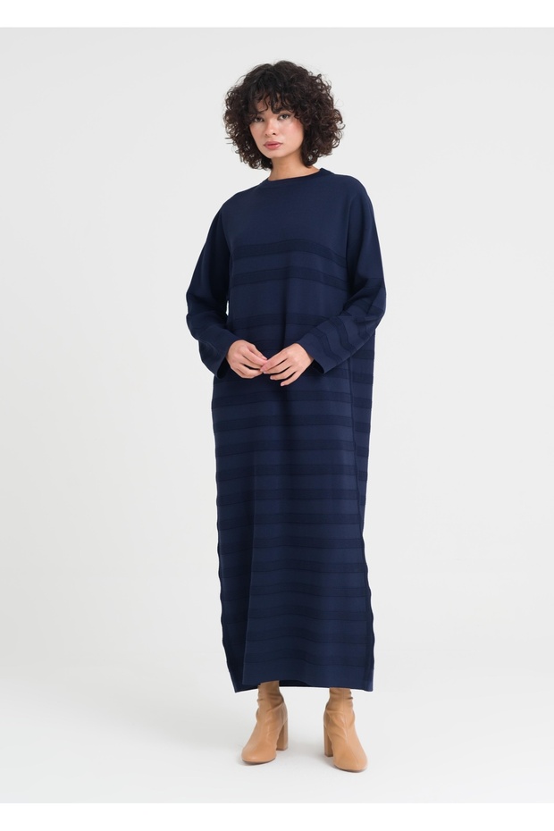 1002 Çizgili Triko Elbise - 1