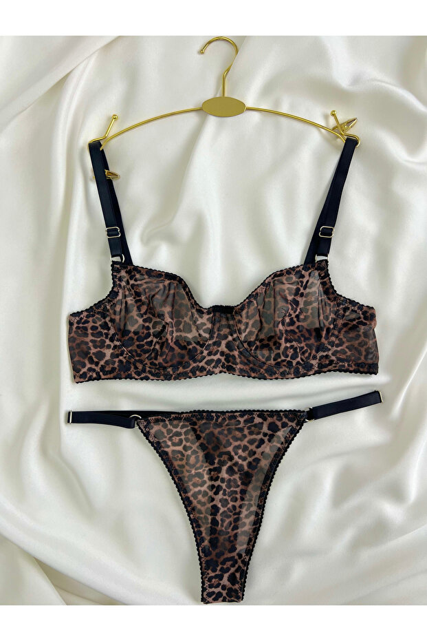 Icon Leopard Patterned Tulle Capless Underwire Underwear Set - 4