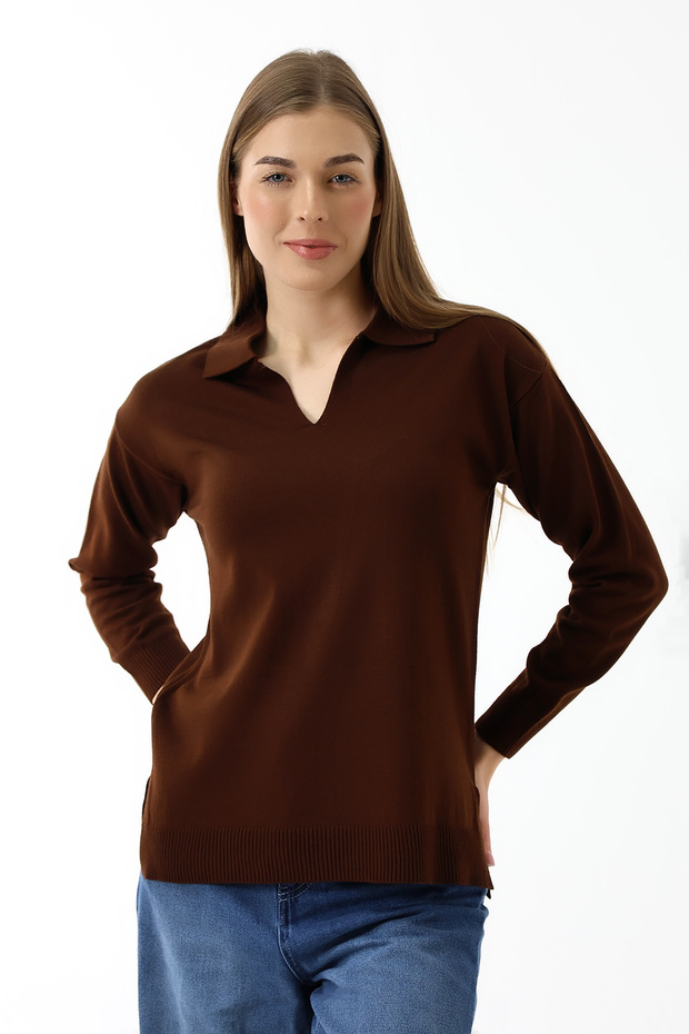 Women's Polo Neck Long Sleeve Knitwear Blouse Brown