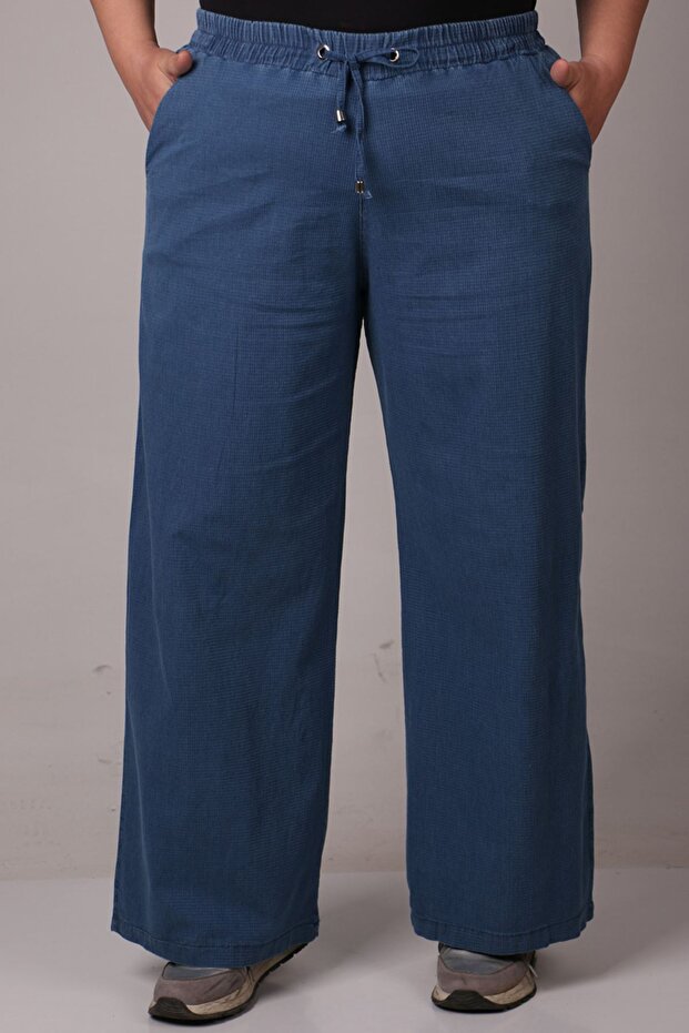 29000-1 Large Size Piti Checkered Wide Leg Jeans - Blue