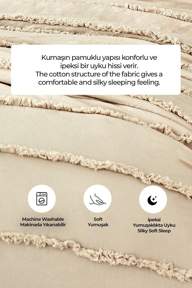 Pamuklu Echos Yatak Örtüsü Takımı Günlük Tek Kişilik 2 Parça Dolgulu El İşi Bej - 6
