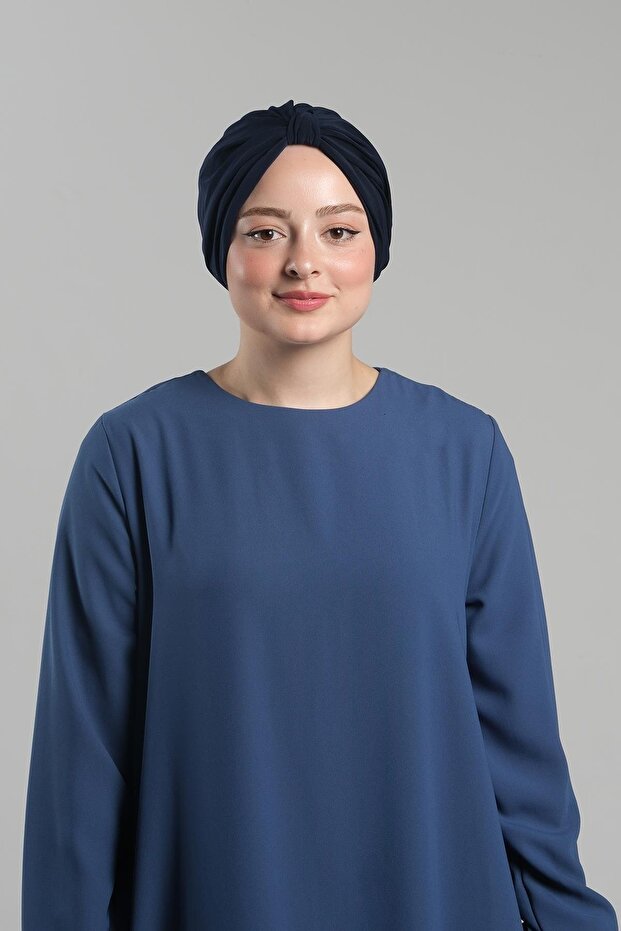 Navy Blue Practical Ready-To-Wear Hijab Bonnet Sandy Pleated Loose Fit 2121_02