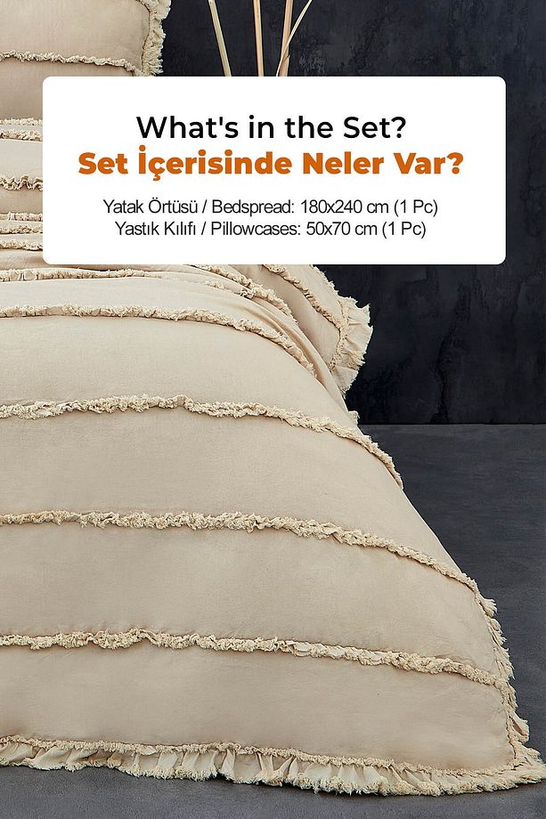 Pamuklu Echos Yatak Örtüsü Takımı Günlük Tek Kişilik 2 Parça Dolgulu El İşi Bej - 7