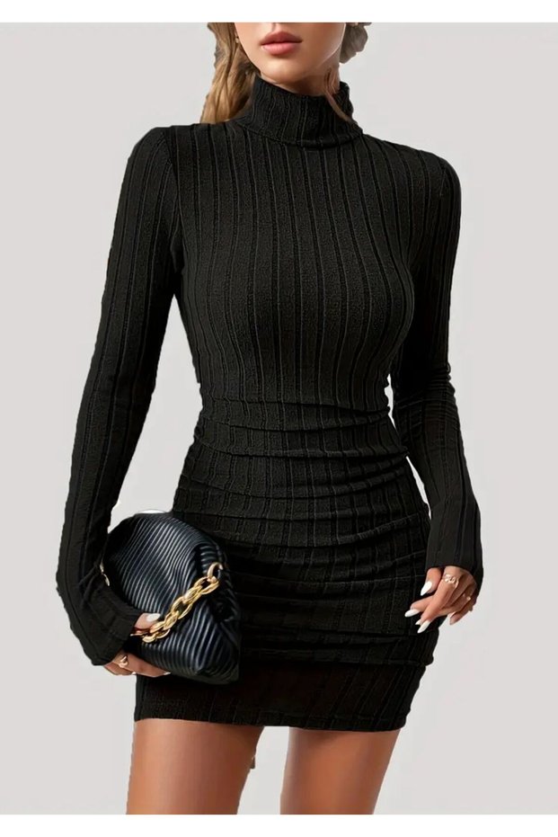 Women's Turtleneck Ribbed Dress Cotton (Seasonal and Winter)