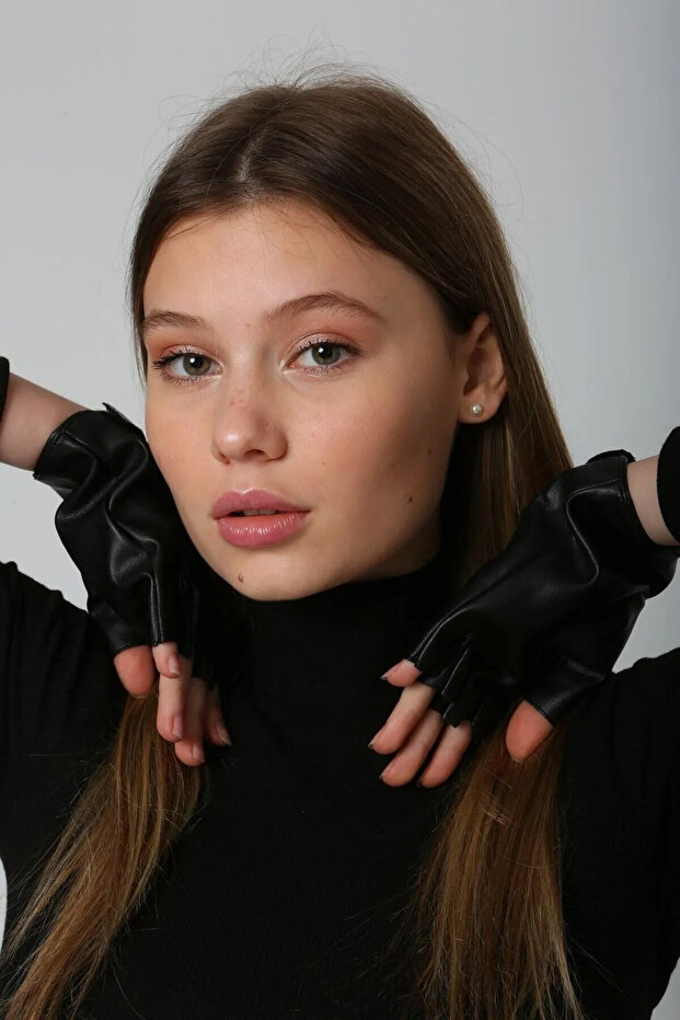 Kadın Deri Kesik Eldiven ELD-22 Siyah - 7