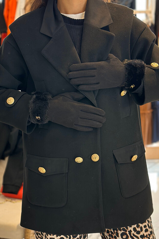 Kürk Detay Kadın Kaşe Eldiven ELD-29 Siyah - 4