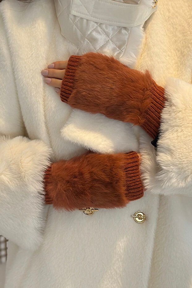 Peluş Detay Kadın Örme Kesik Eldiven ELD-30 Kiremit - 5