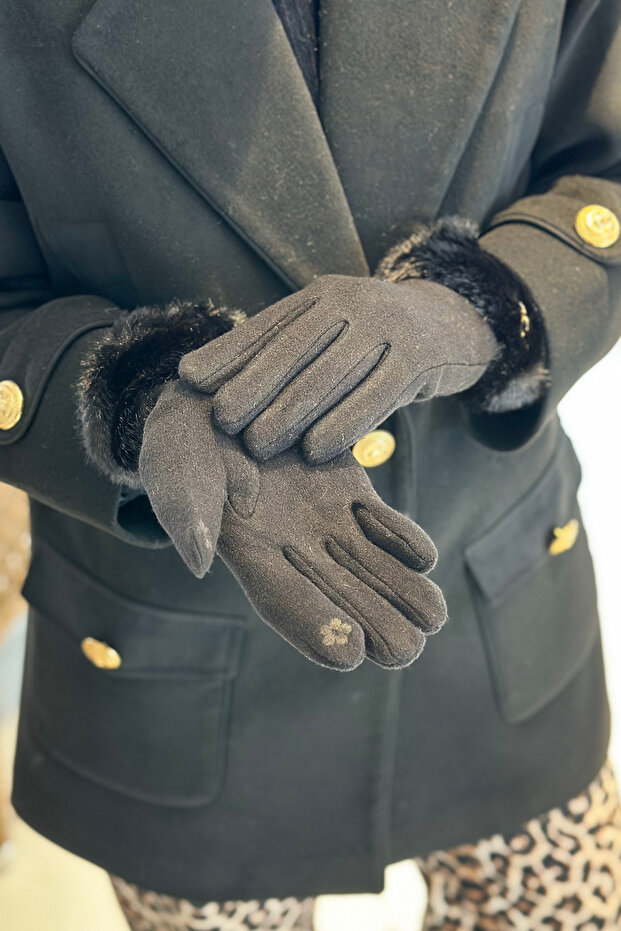 Kürk Detay Kadın Kaşe Eldiven ELD-29 Siyah - 1