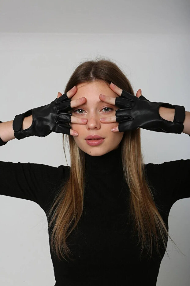 Kadın Deri Kesik Eldiven ELD-22 Siyah - 5