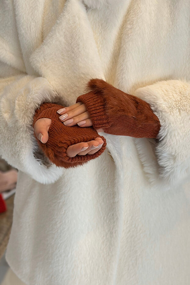 Peluş Detay Kadın Örme Kesik Eldiven ELD-30 Kiremit - 4