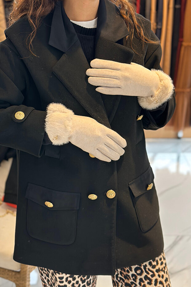 Kürk Detay Kadın Kaşe Eldiven ELD-29 Bej - 5