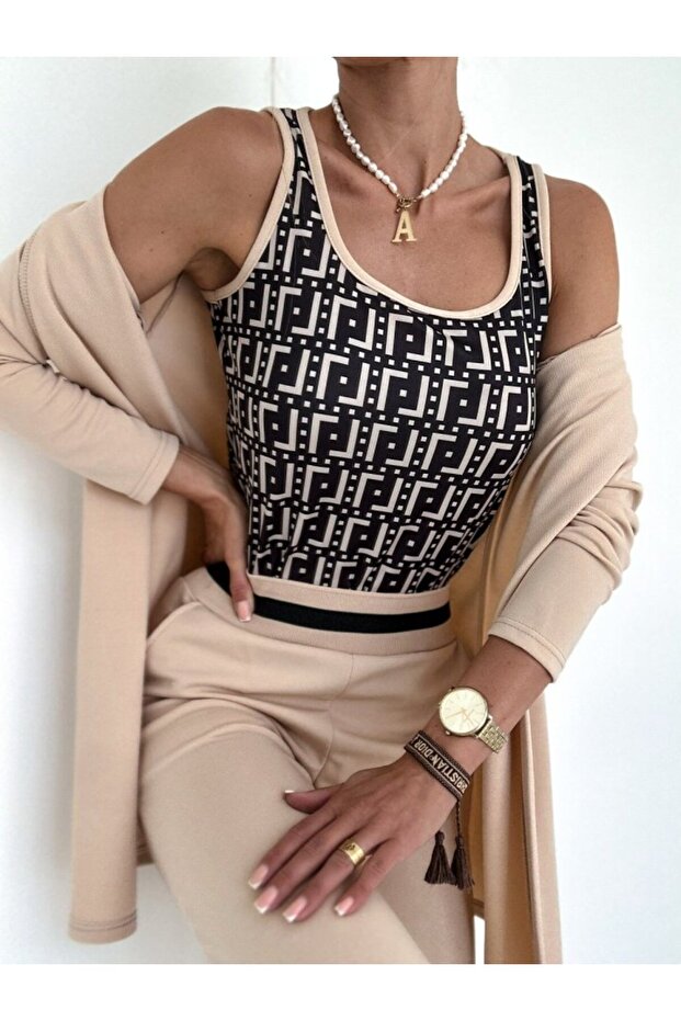 Women's long sleeve crepe three-piece set - beige