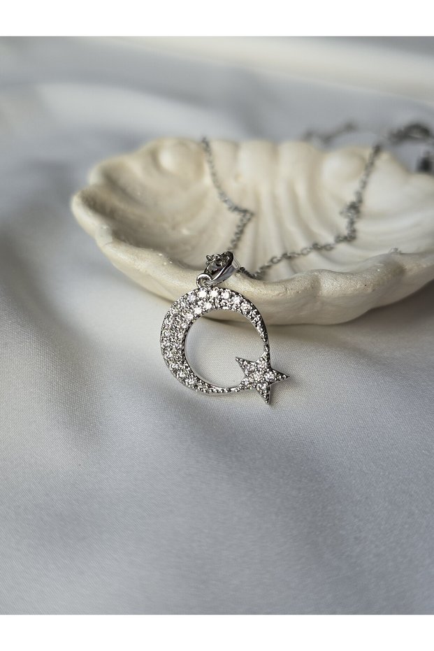 Moon Star Turkey Flag Zircon Stone Thin Chain Vip Women's Stainless Steel Tarnish Free Steel Necklace
