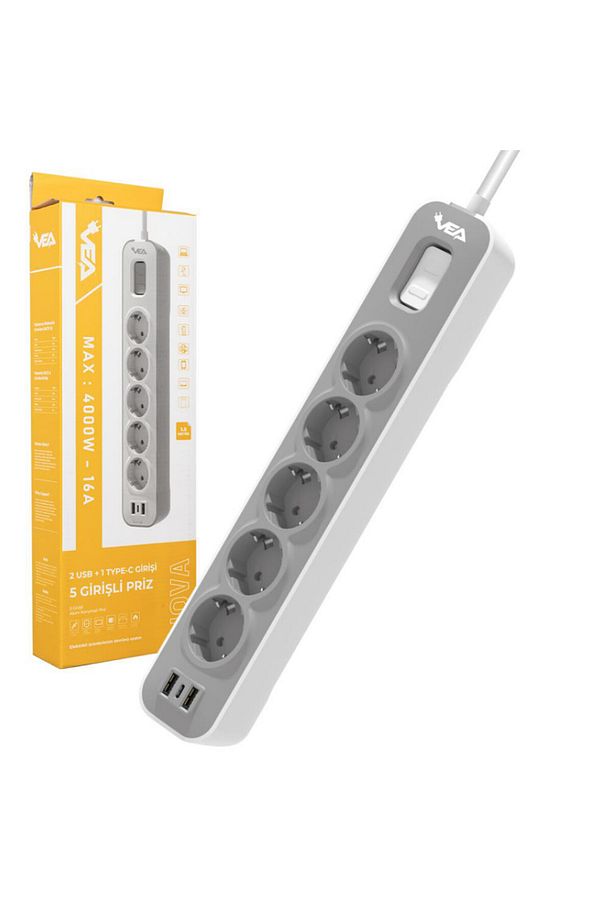 Akım Korumalı 2 Usb ve 1 Type C Pd girişli 1.5 Metre Kablolu 5 Girişli Anahtarlı Çoklu Priz - 1