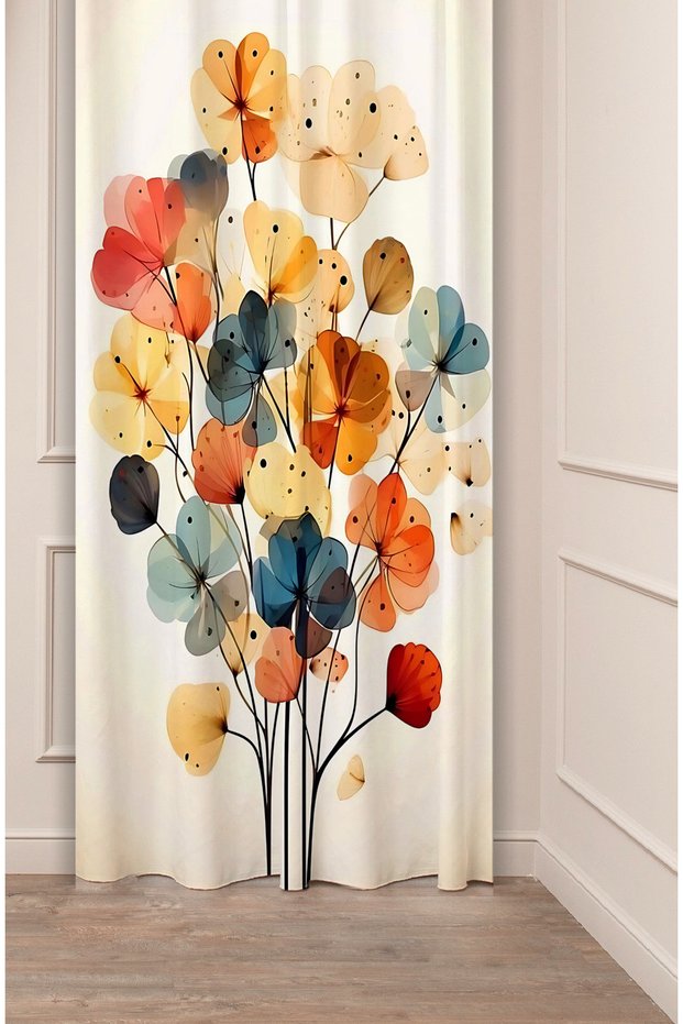 Flower Leaf Patterned Digital Printed Background Curtain (Single Panel) Colorful Modern Design Bohemian Background Curtain
