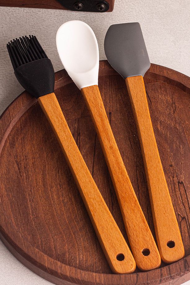 Daily - 3'lü Bambu Saplı Silikon Spatula Seti 21 cm Mutfak Seti Kaşık Spatula Seti - 5