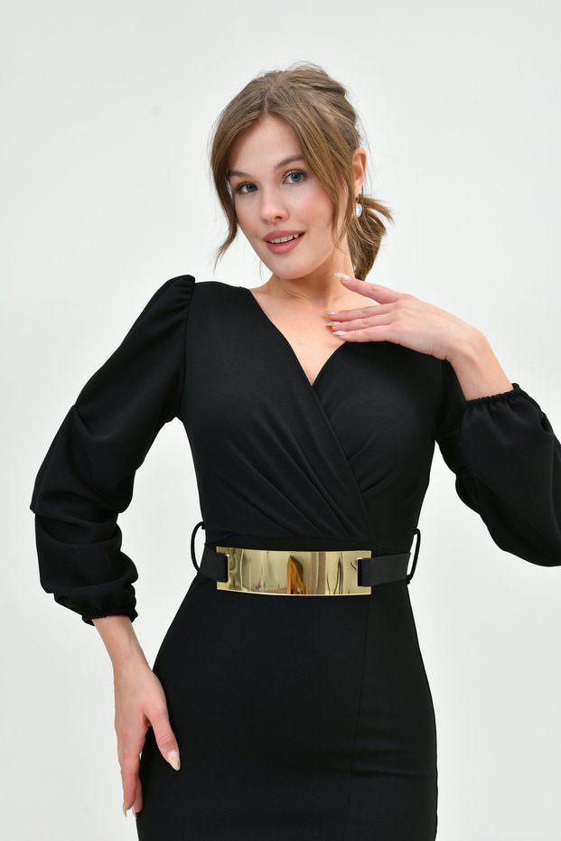 Women's Design Belted Crepe Fabric Slit Short Sleeve Midi Length Double Breasted Black Evening Dress 074