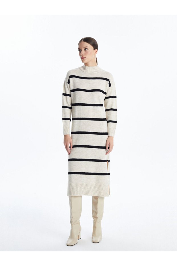 Beige Mock Neck Striped Women's Knitwear Dress