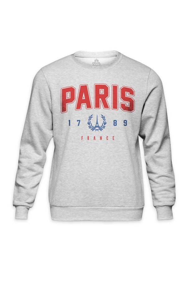 Crew Neck Sweatshirt Paris France 1789 France Text Printed Gray Sweet