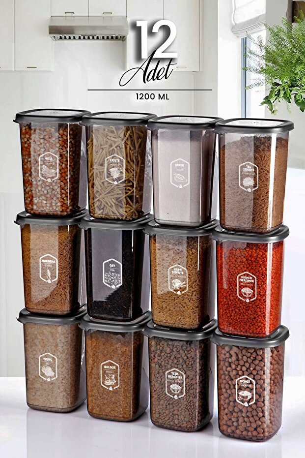 Set of 12 1200ml Food Jar with Anthracite Label - Large Size Square Storage Container - 1