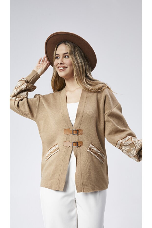 Leather Buckle Patterned Knit Jacket - 1