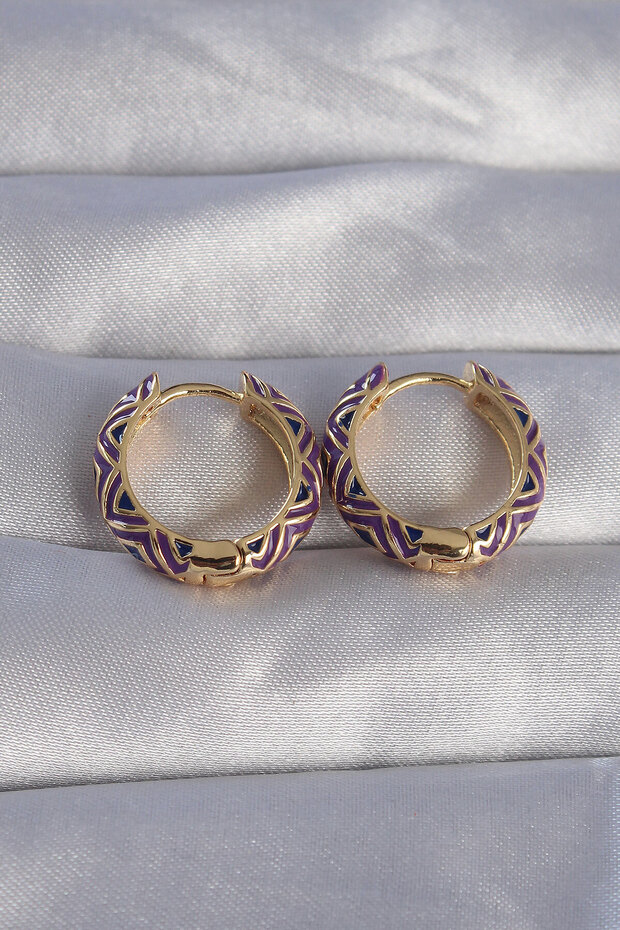 Brass Gold Color Purple Ethnic Patterned Hoop Earrings Tj-Bkp9076