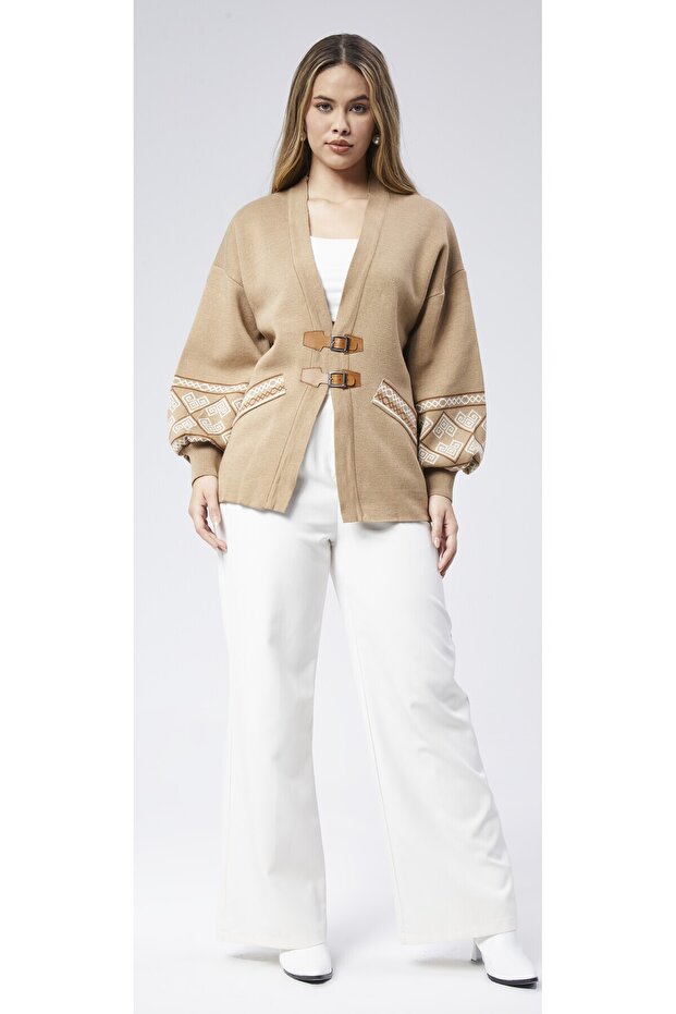 Leather Buckle Patterned Knit Jacket - 6