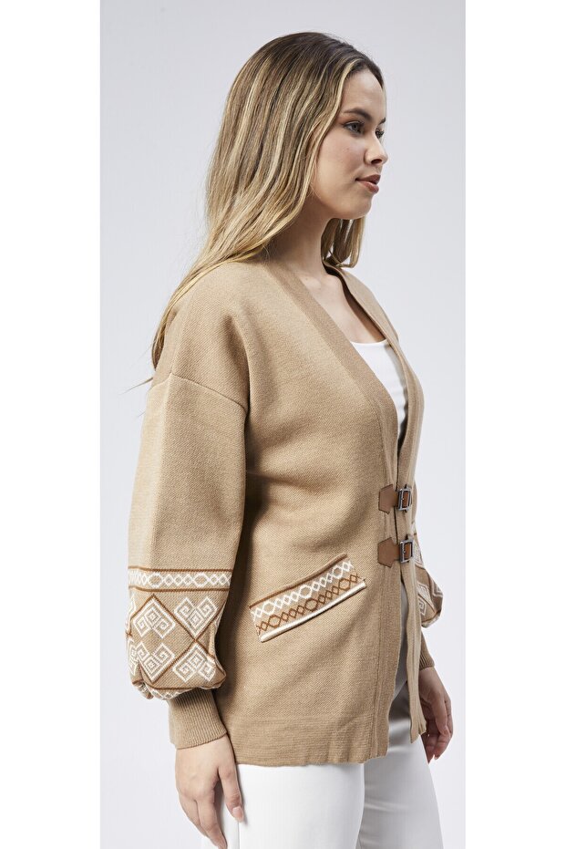 Leather Buckle Patterned Knit Jacket - 5