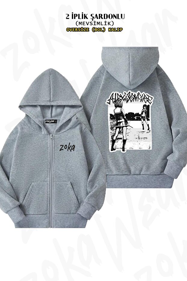 Alexisonfire Anime Knife Fight Back Printed Grey Oversize Cardigan - Zip and Hoodie (2 Thread)