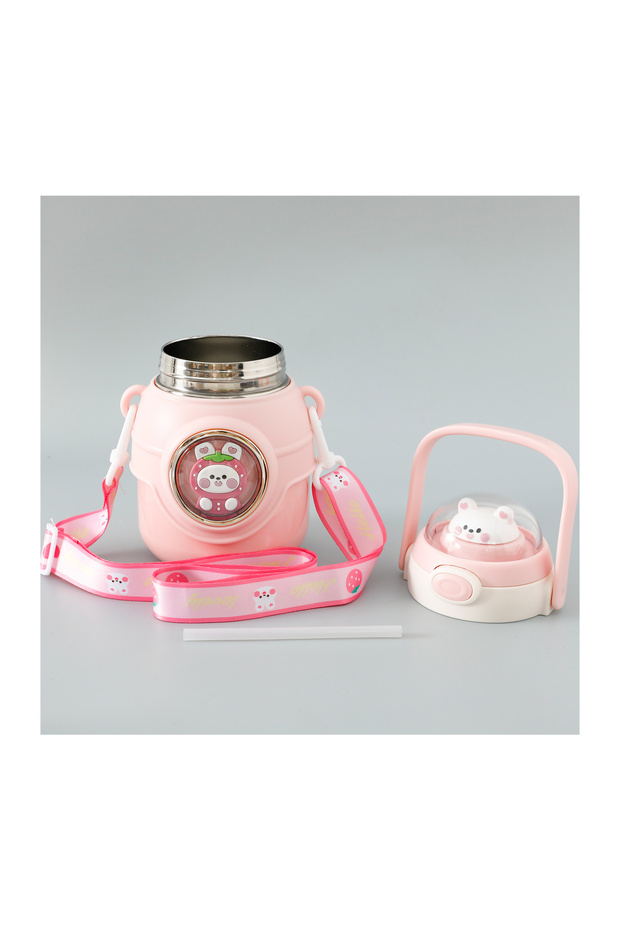 Adventurous Rabbit Sipper Water Bottle With Strap & Stickers, Leak-proof, 3 Years+, Pink - 800ml - 8