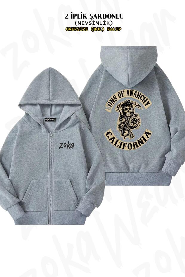 Oversize California V2 Sons of Anarchy Back Printed Zip-Up Hooded Gray Cardigan (2 Thread)