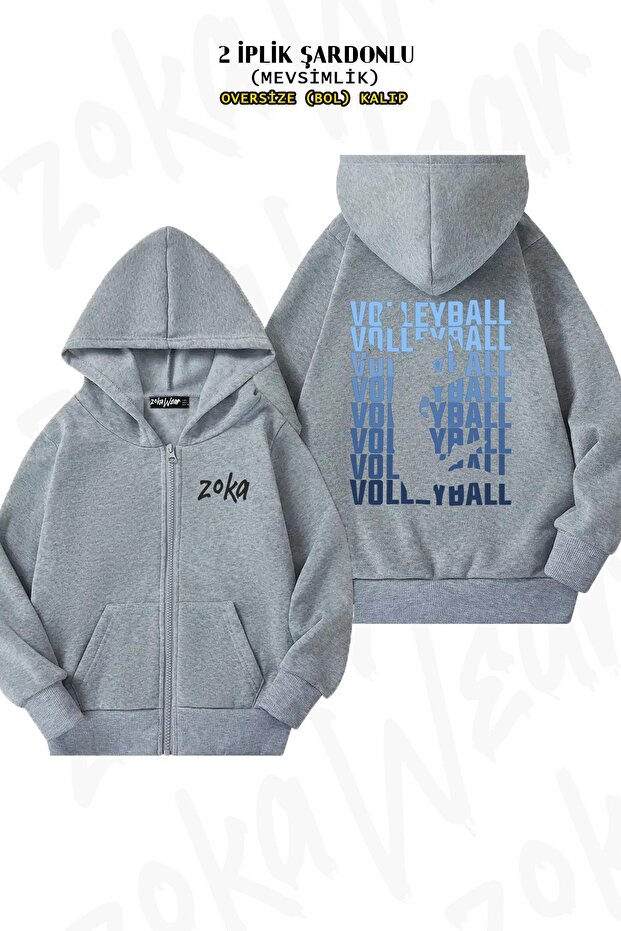 Volleyball V2 Grey Oversize Cardigan - Back Print, Zipper and Hoodie (2 Thread)