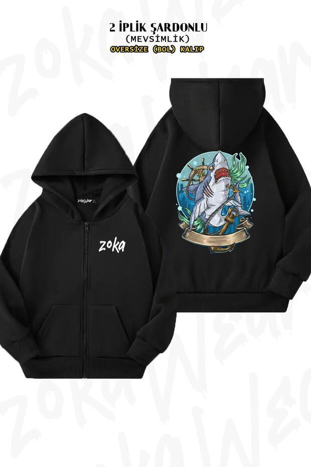 Oversize Shark Fisherman Back Printed Zippered Hooded Black Cardigan (2 Thread)