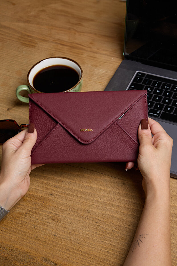 9755 Genuine Leather Special Design Magnetic Large Size Women's Envelope Wallet Claret Red