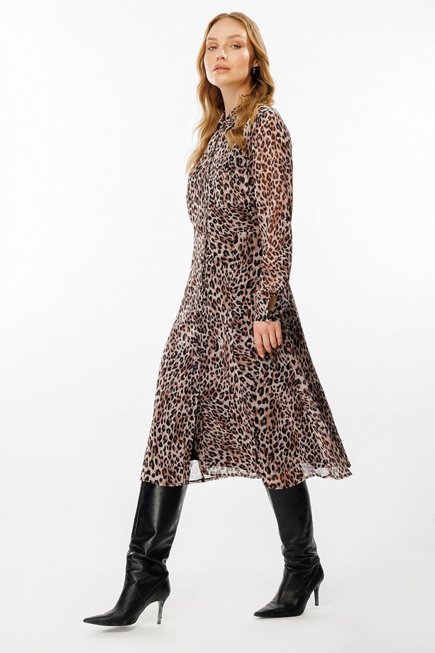 Leopar Desenli Önü Düğmeli Elbise - 3