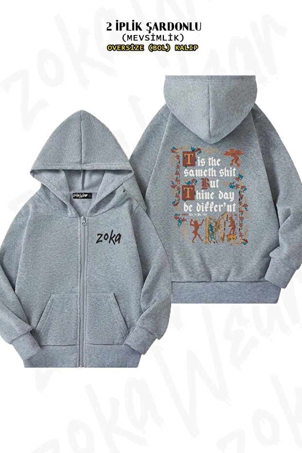 Medieval Style Oversize Grey Cardigan - Back Print, Zipper and Hoodie (2 Thread)