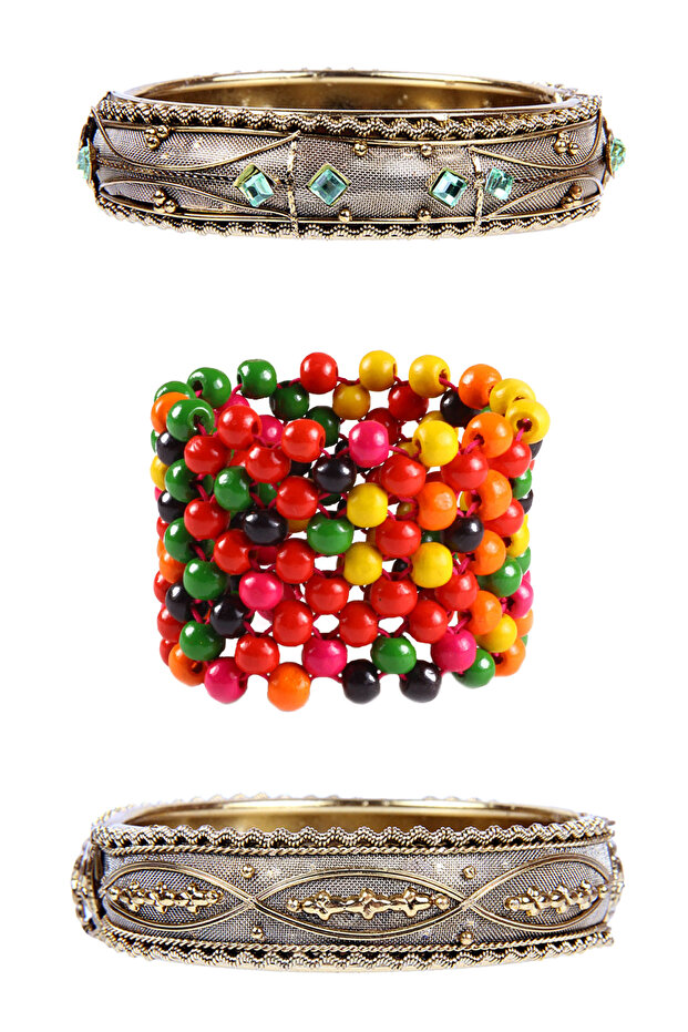 Colorful Stone Handcuffs and Wooden Colorful Beads Bracelet Bundle