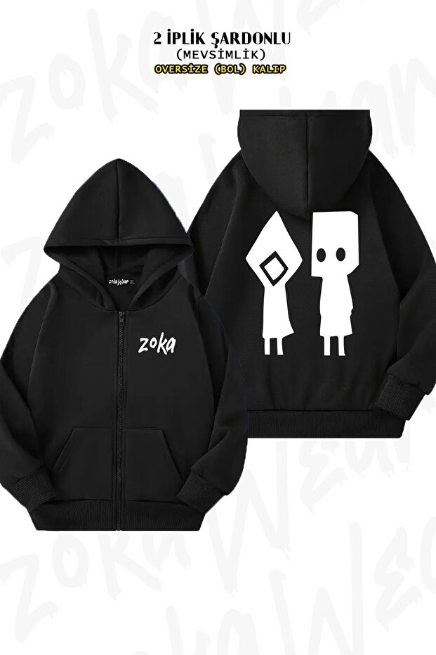 Oversize Six and Mono Little Nightmares Back Printed Zippered Hooded Black Cardigan (2 Yarns)