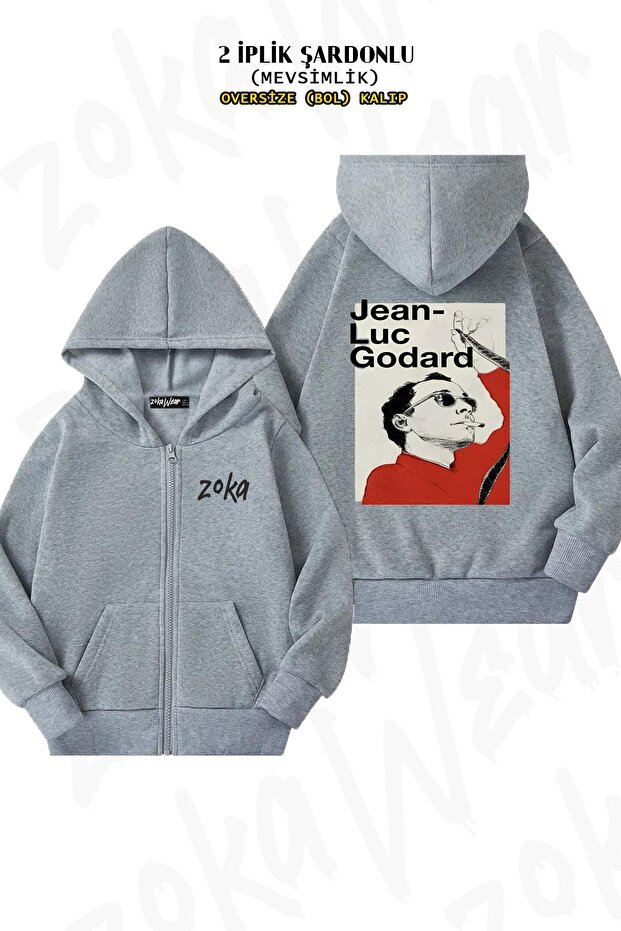 Luc Godard Oversize Jeans - Back Print, Zip-Up Hooded Gray Cardigan (2 Thread)