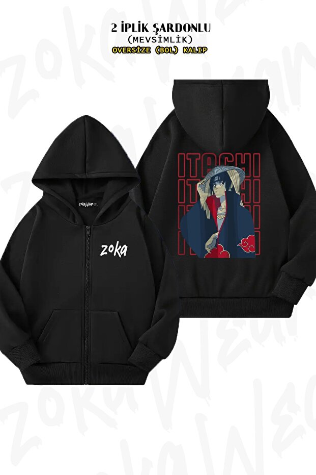 Uchiha Itachi Naruto V3 - سترة سوداء بغطاء للرأس مع طباعة خلفية وسحاب (خيطان)