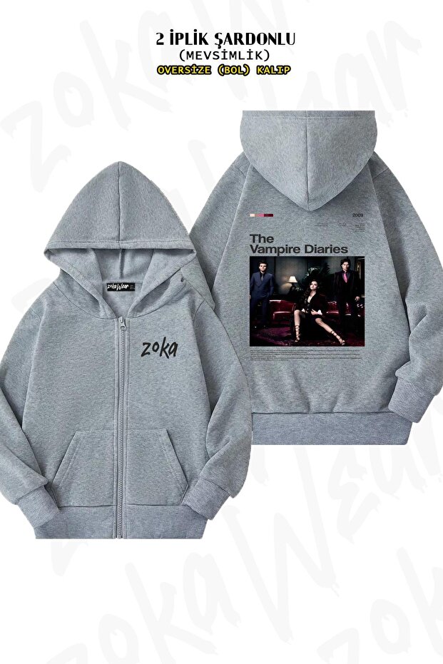Oversize the Vampire Diaries Series Poster Back Printed Zippered Hooded Gray Cardigan (2 Yarns)