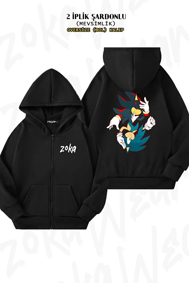 Oversize Sonic the Hedgehog Back Printed Zippered Hooded Black Cardigan (2 Yarns)