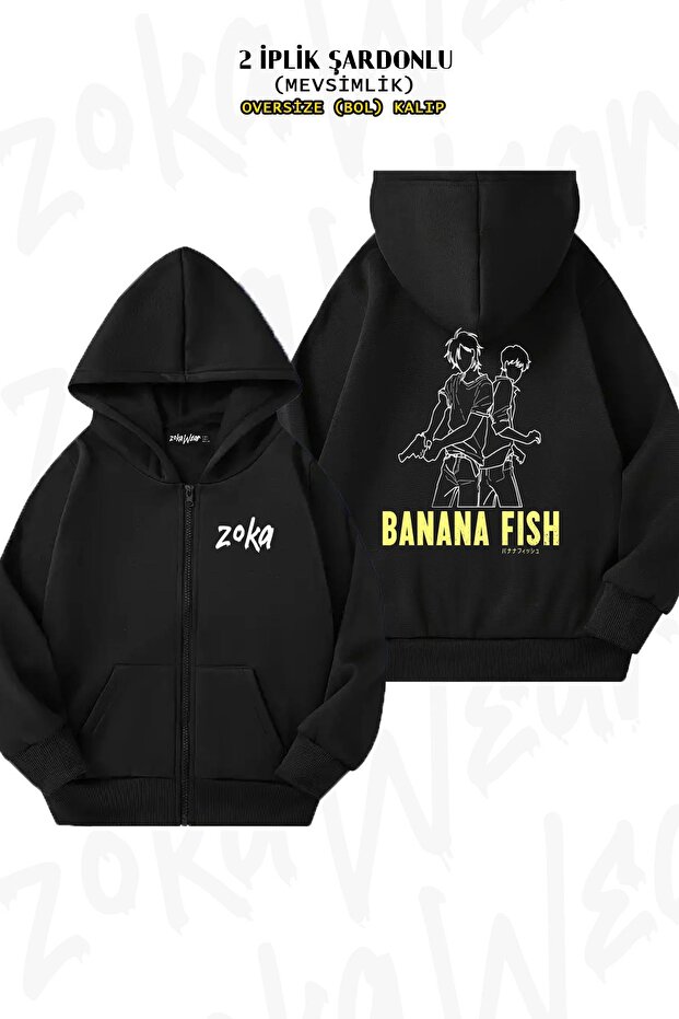 Oversize Banana Fish Ash Lynx and Eiji Okumura Back Printed Zip-Up Hooded Black Cardigan (2 Thread)