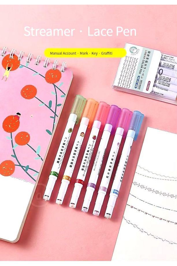 6'lı Desenli Fosforlu Kalem Linear Color Pen Çiçek Kalp Yıldız Desen Çizen Silindir Sihirli Kalem - 4