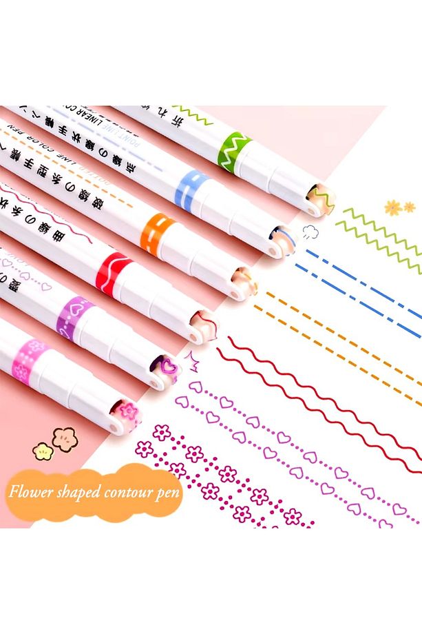 6'lı Desenli Fosforlu Kalem Linear Color Pen Çiçek Kalp Yıldız Desen Çizen Silindir Sihirli Kalem - 1