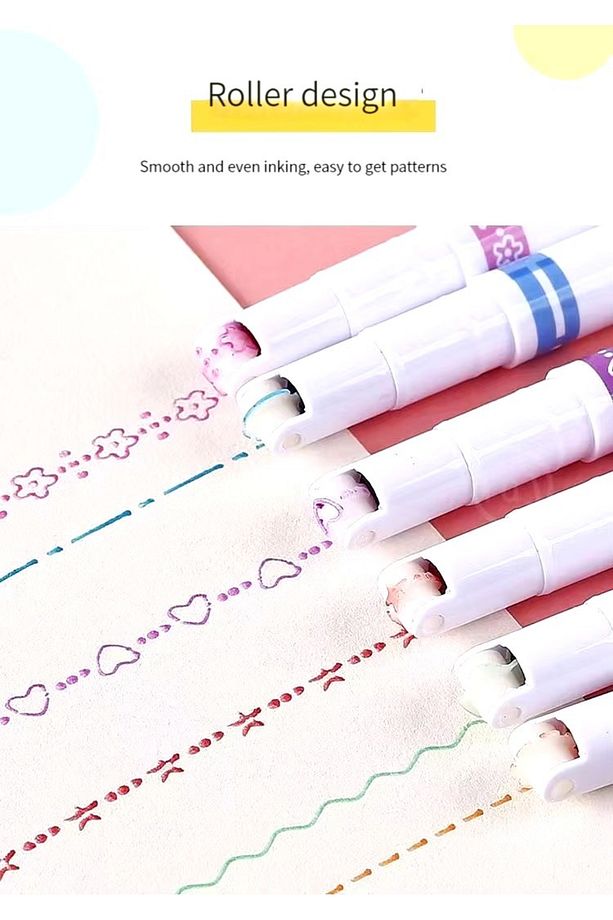 6'lı Desenli Fosforlu Kalem Linear Color Pen Çiçek Kalp Yıldız Desen Çizen Silindir Sihirli Kalem - 5